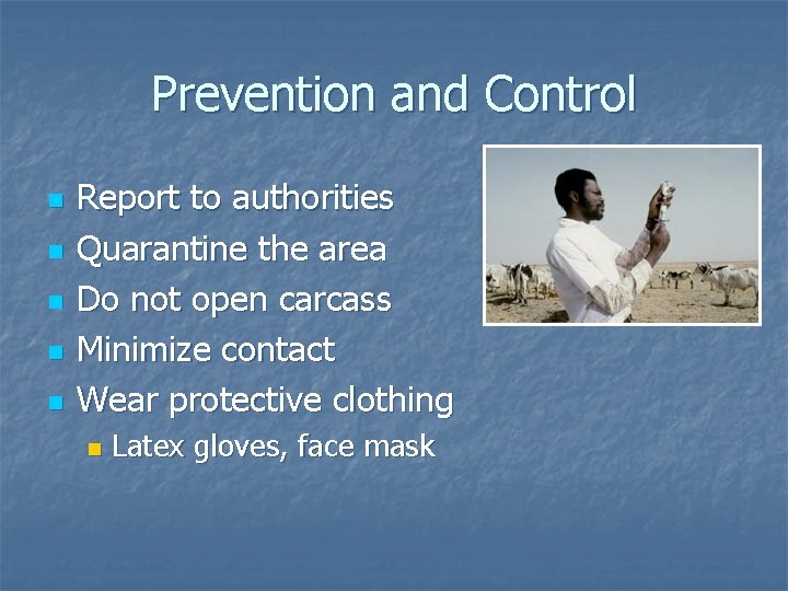 Prevention and Control n n n Report to authorities Quarantine the area Do not