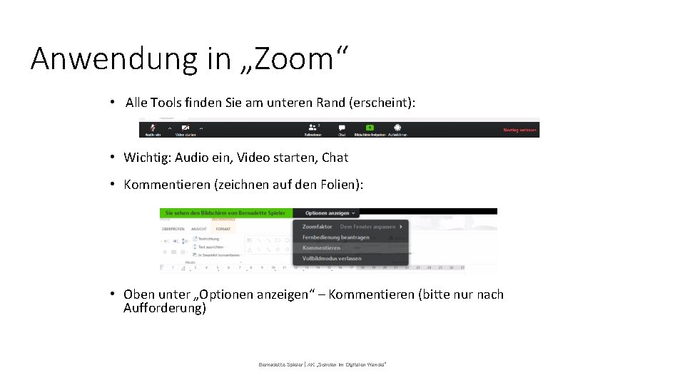 Anwendung in „Zoom“ • Alle Tools finden Sie am unteren Rand (erscheint): • Wichtig: