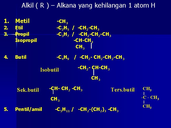 Alkil ( R ) – Alkana yang kehilangan 1 atom H 1. Metil -CH