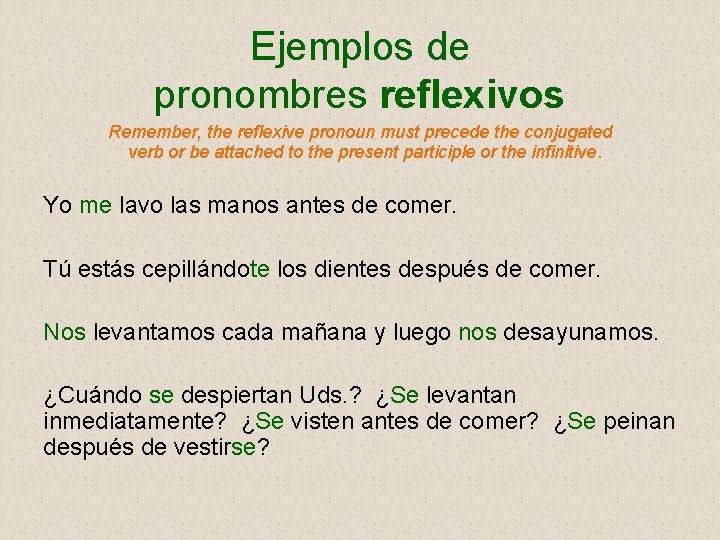 Ejemplos de pronombres reflexivos Remember, the reflexive pronoun must precede the conjugated verb or