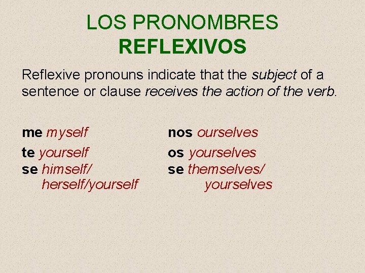 LOS PRONOMBRES REFLEXIVOS Reflexive pronouns indicate that the subject of a sentence or clause