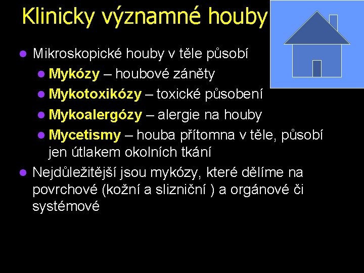 Klinicky významné houby Mikroskopické houby v těle působí l Mykózy – houbové záněty l