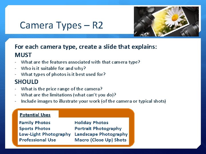 Camera Types – R 2 For each camera type, create a slide that explains: