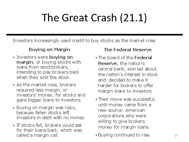 The Great Crash (21. 1) Investors increasingly used credit to buy stocks as the
