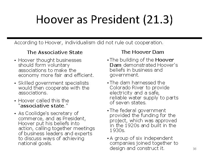 Hoover as President (21. 3) According to Hoover, individualism did not rule out cooperation.