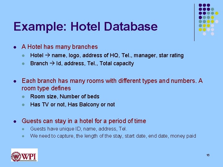 Example: Hotel Database l A Hotel has many branches l l l Each branch