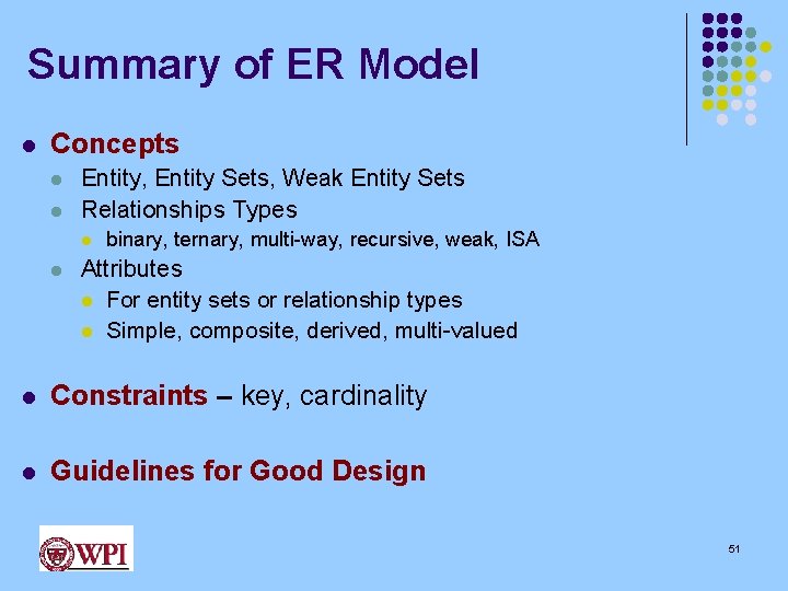 Summary of ER Model l Concepts l l Entity, Entity Sets, Weak Entity Sets