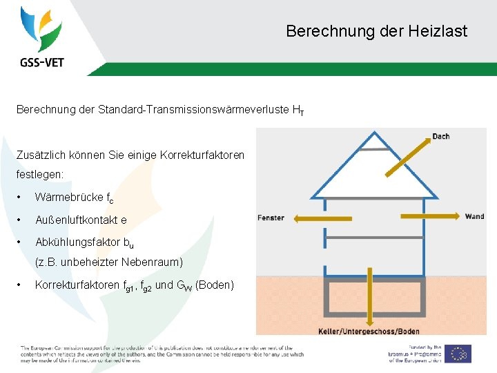 Berechnung der Heizlast Berechnung der Standard-Transmissionswärmeverluste HT Zusätzlich können Sie einige Korrekturfaktoren festlegen: •