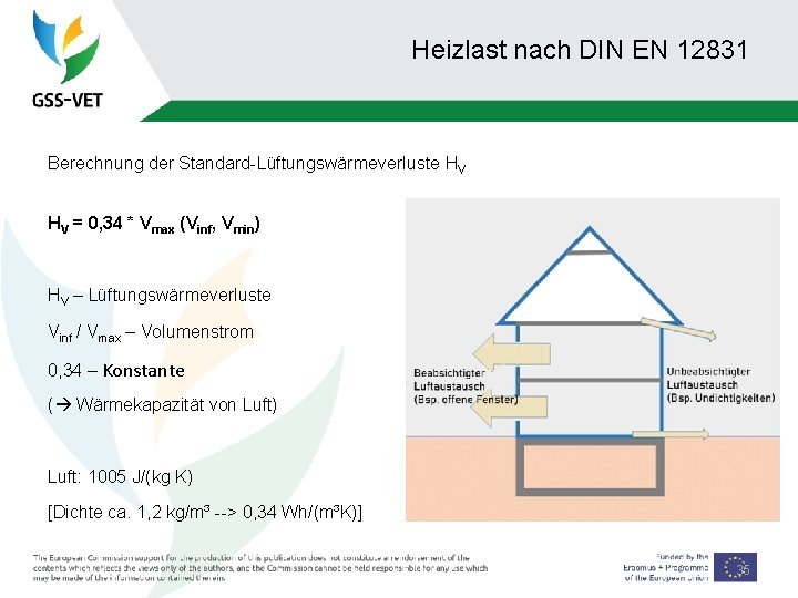 Heizlast nach DIN EN 12831 Berechnung der Standard-Lüftungswärmeverluste HV HV = 0, 34 *