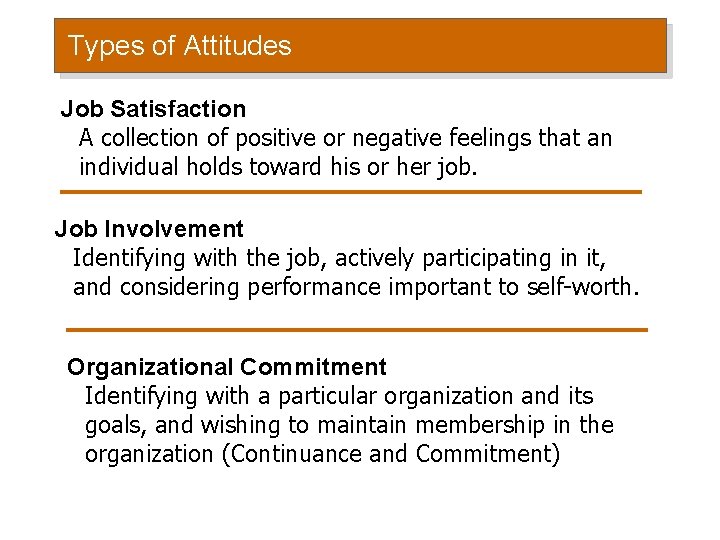 Types of Attitudes Job Satisfaction A collection of positive or negative feelings that an