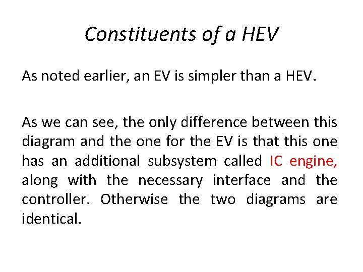 Constituents of a HEV As noted earlier, an EV is simpler than a HEV.