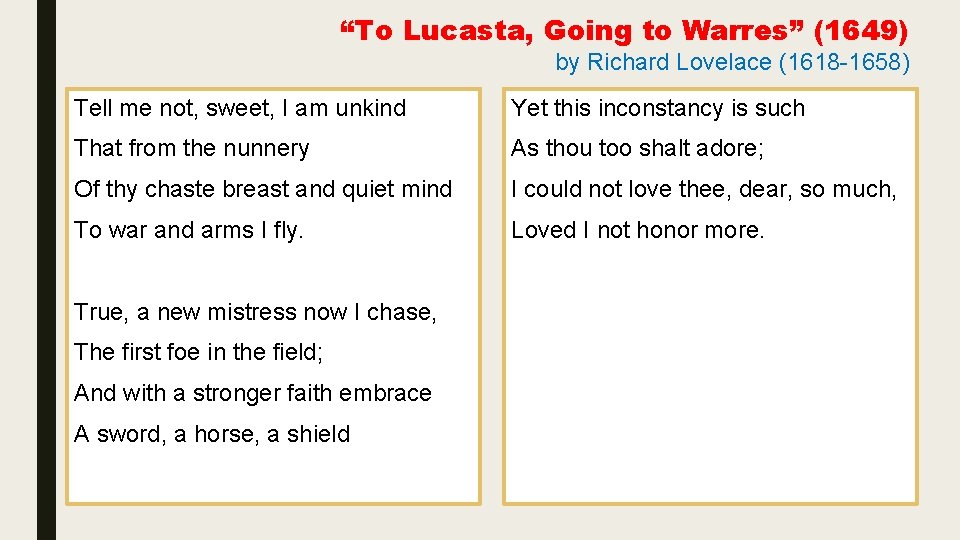 “To Lucasta, Going to Warres” (1649) by Richard Lovelace (1618 -1658) Tell me not,