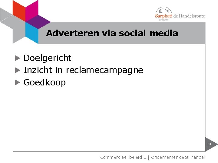 Adverteren via social media Doelgericht Inzicht in reclamecampagne Goedkoop 13 Commercieel beleid 1 |