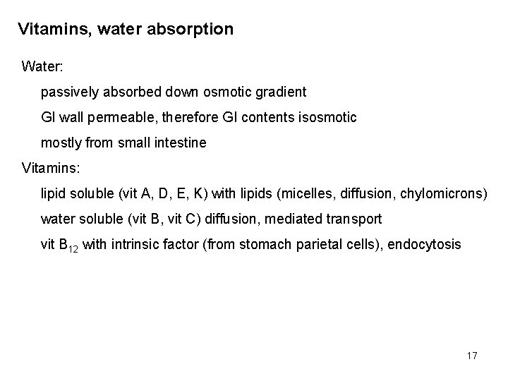 Vitamins, water absorption Water: passively absorbed down osmotic gradient GI wall permeable, therefore GI