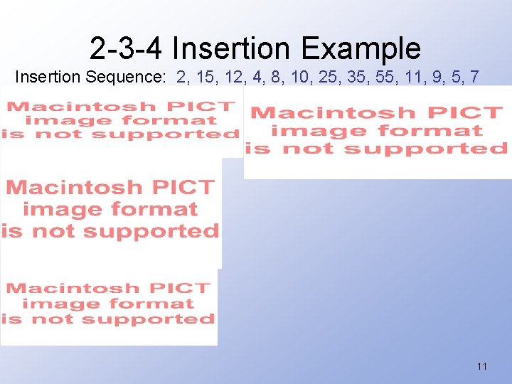 2 -3 -4 Insertion Example Insertion Sequence: 2, 15, 12, 4, 8, 10, 25,