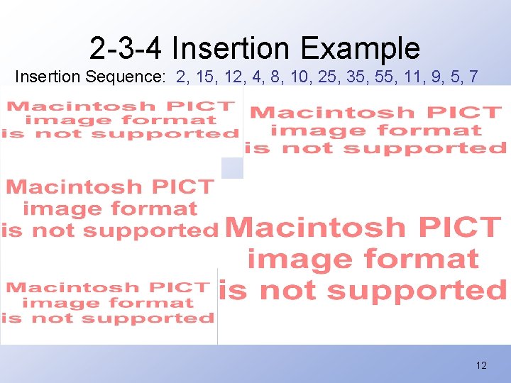 2 -3 -4 Insertion Example Insertion Sequence: 2, 15, 12, 4, 8, 10, 25,