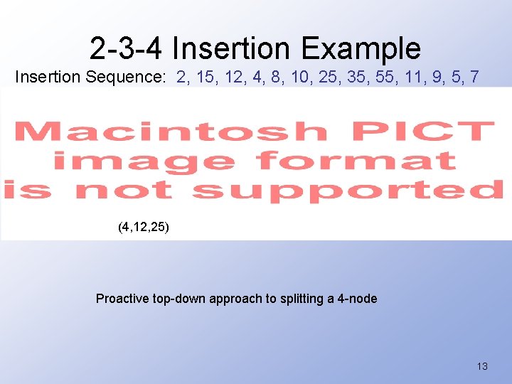 2 -3 -4 Insertion Example Insertion Sequence: 2, 15, 12, 4, 8, 10, 25,