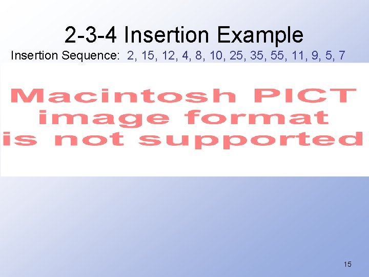 2 -3 -4 Insertion Example Insertion Sequence: 2, 15, 12, 4, 8, 10, 25,