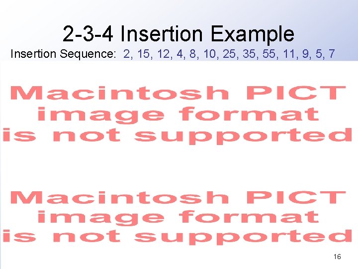2 -3 -4 Insertion Example Insertion Sequence: 2, 15, 12, 4, 8, 10, 25,