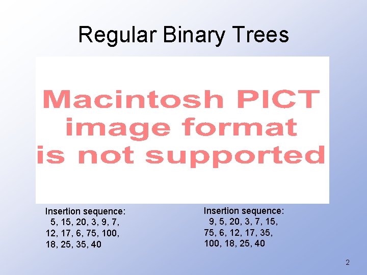 Regular Binary Trees Insertion sequence: 5, 15, 20, 3, 9, 7, 12, 17, 6,