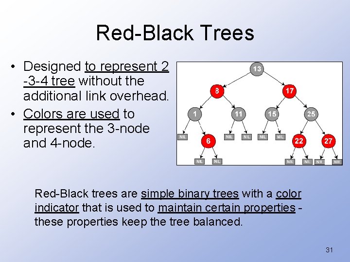 Red-Black Trees • Designed to represent 2 -3 -4 tree without the additional link