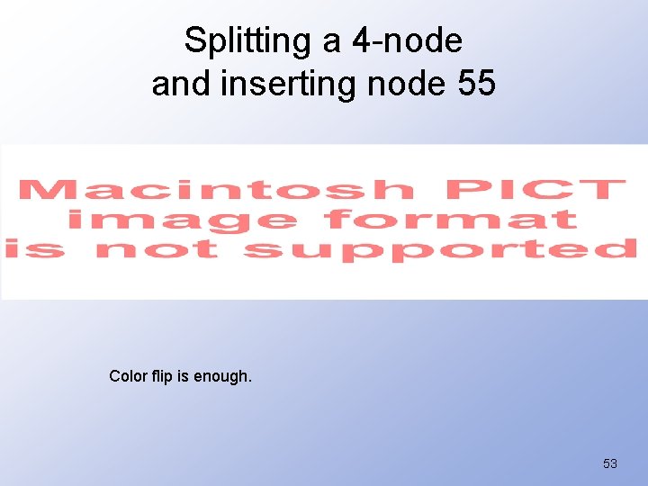 Splitting a 4 -node and inserting node 55 Color flip is enough. 53 