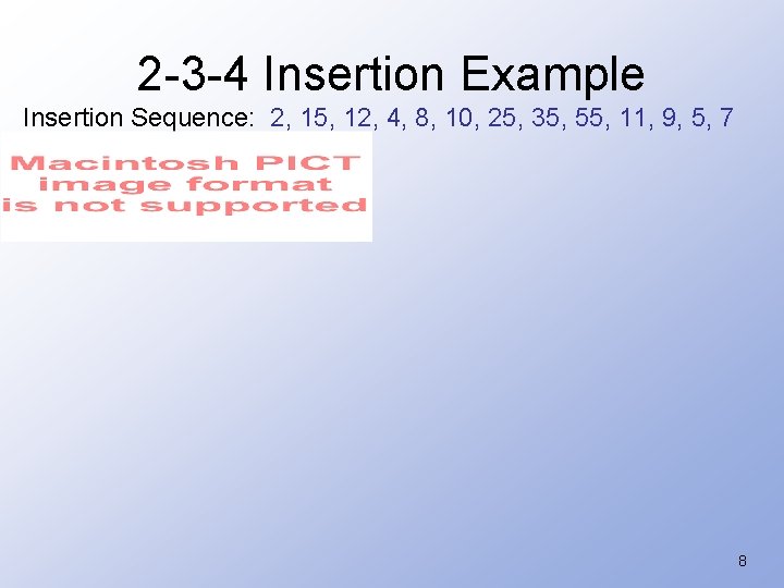 2 -3 -4 Insertion Example Insertion Sequence: 2, 15, 12, 4, 8, 10, 25,