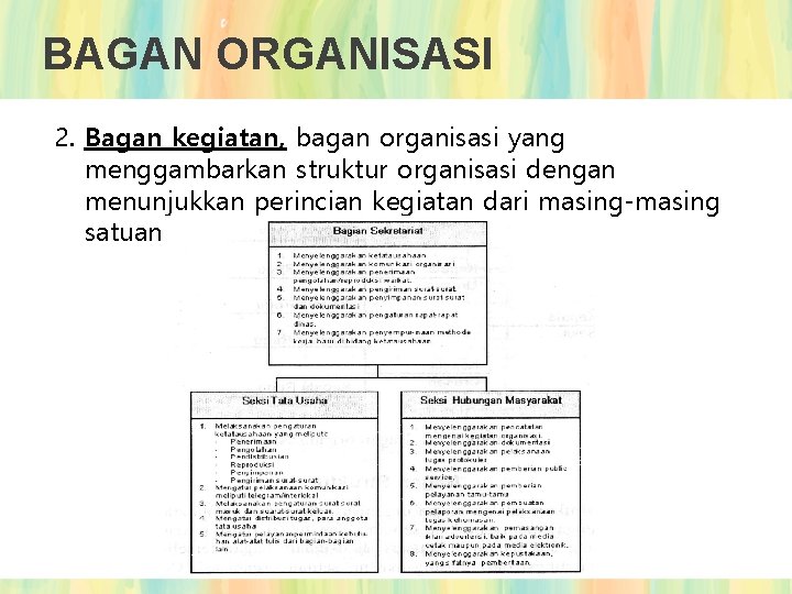 BAGAN ORGANISASI 2. Bagan kegiatan, bagan organisasi yang menggambarkan struktur organisasi dengan menunjukkan perincian