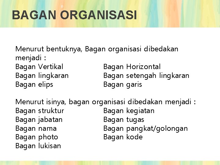 BAGAN ORGANISASI Menurut bentuknya, Bagan organisasi dibedakan menjadi : Bagan Vertikal Bagan Horizontal Bagan