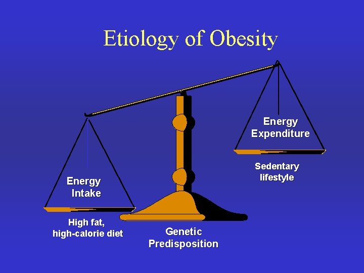 Etiology of Obesity Energy Expenditure Sedentary lifestyle Energy Intake High fat, high-calorie diet Genetic