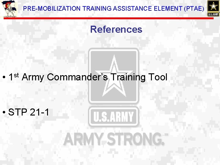 PRE-MOBILIZATION TRAINING ASSISTANCE ELEMENT (PTAE) References • 1 st Army Commander’s Training Tool •