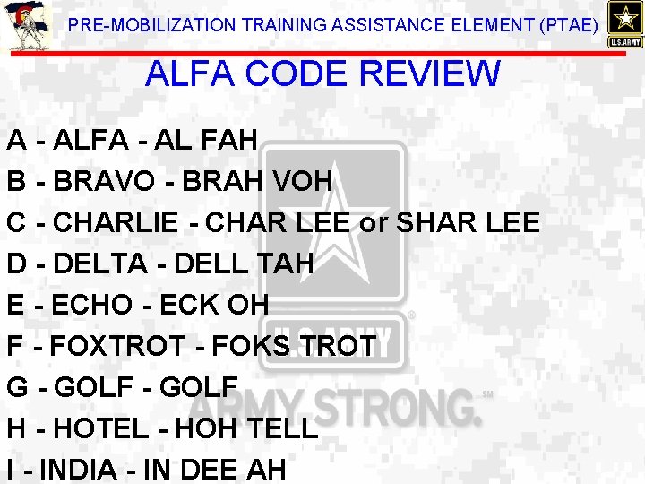 PRE-MOBILIZATION TRAINING ASSISTANCE ELEMENT (PTAE) ALFA CODE REVIEW A - ALFA - AL FAH