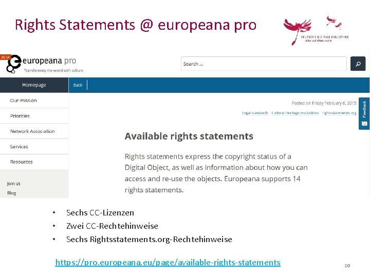Rights Statements @ europeana pro • • • Sechs CC-Lizenzen Zwei CC-Rechtehinweise Sechs Rightsstatements.