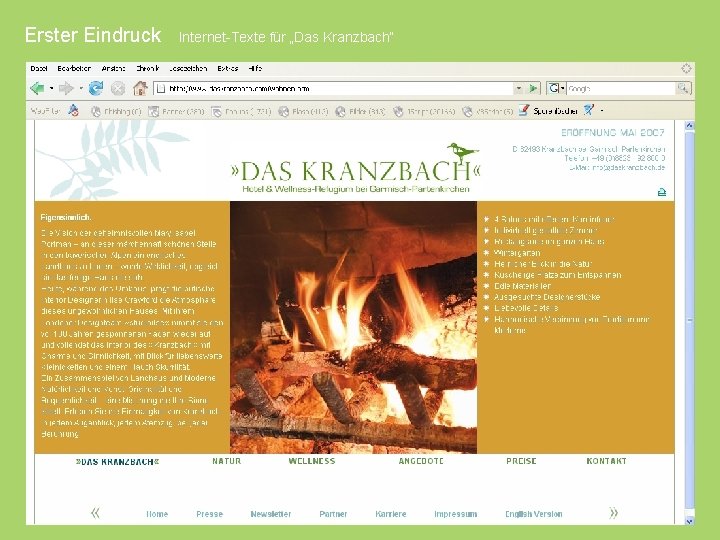 Erster Eindruck Internet-Texte für „Das Kranzbach“ 