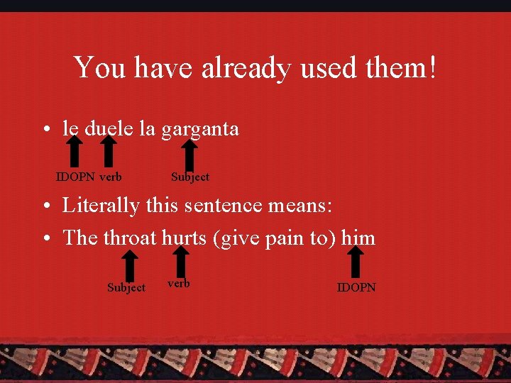 You have already used them! • le duele la garganta IDOPN verb Subject •