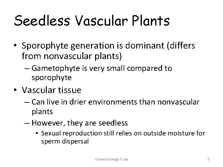 Seedless Vascular Plants • Sporophyte generation is dominant (differs from nonvascular plants) – Gametophyte