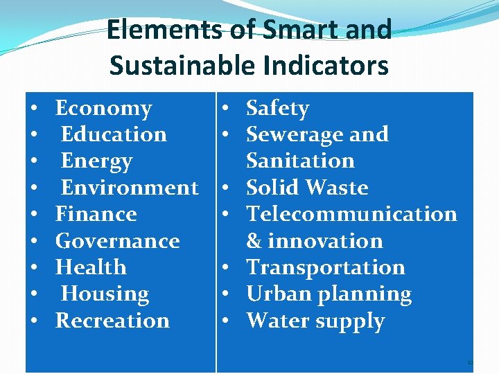 Elements of Smart and Sustainable Indicators • • • Economy Education Energy Environment Finance
