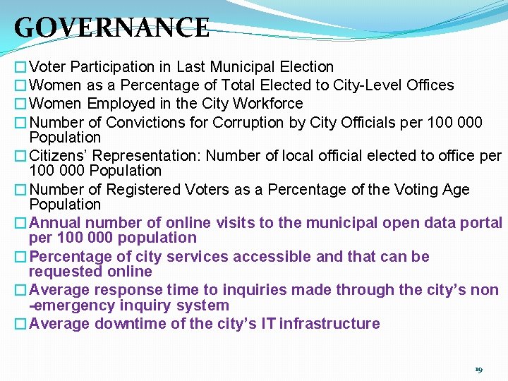 GOVERNANCE �Voter Participation in Last Municipal Election �Women as a Percentage of Total Elected