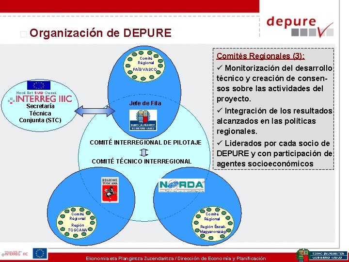 Organización de DEPURE Comités Regionales (3): Comité Régional ü Monitorización del desarrollo técnico y