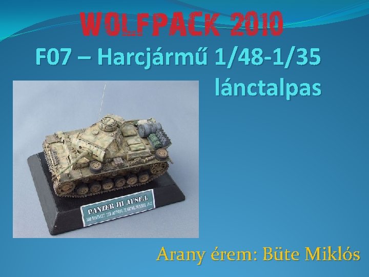 F 07 – Harcjármű 1/48 -1/35 lánctalpas Arany érem: Büte Miklós 