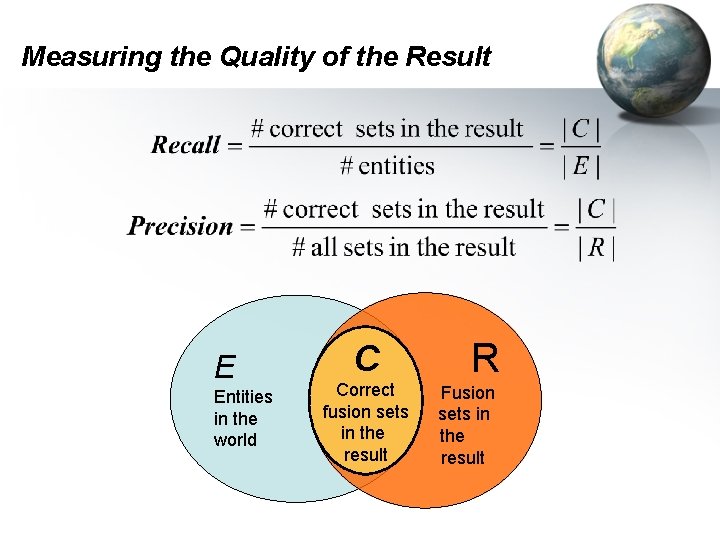 Measuring the Quality of the Result E Entities in the world C Correct fusion Measuring the Quality of the Result E Entities in the world C Correct fusion