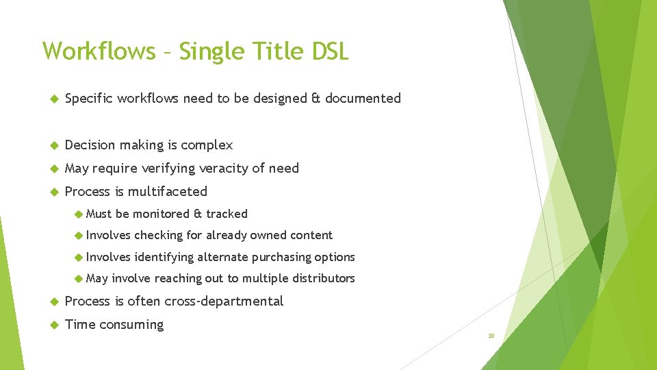Workflows – Single Title DSL Specific workflows need to be designed & documented Decision