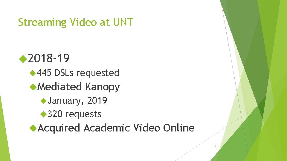 Streaming Video at UNT 2018 -19 445 DSLs requested Mediated Kanopy January, 2019 320