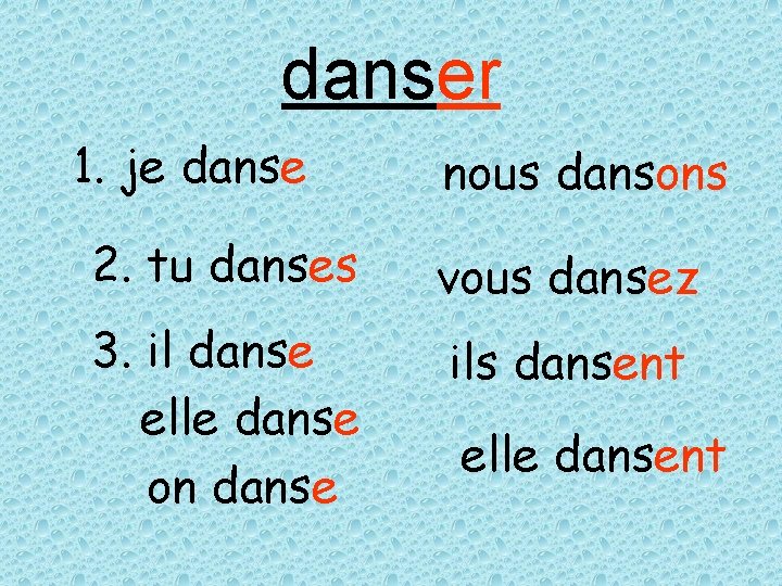 danser 1. je danse nous dansons 2. tu danses vous dansez 3. il danse