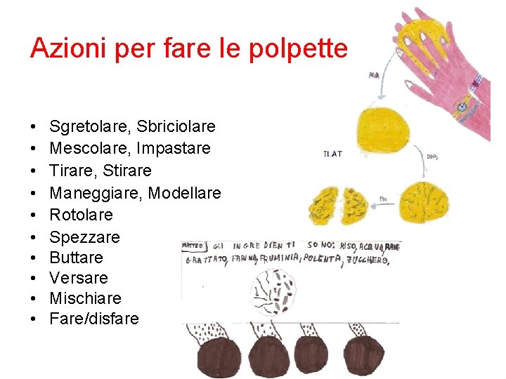 Azioni per fare le polpette • • • Sgretolare, Sbriciolare Mescolare, Impastare Tirare, Stirare