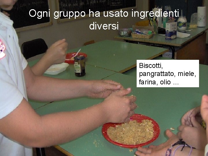 Ogni gruppo ha usato ingredienti diversi Biscotti, pangrattato, miele, farina, olio … 