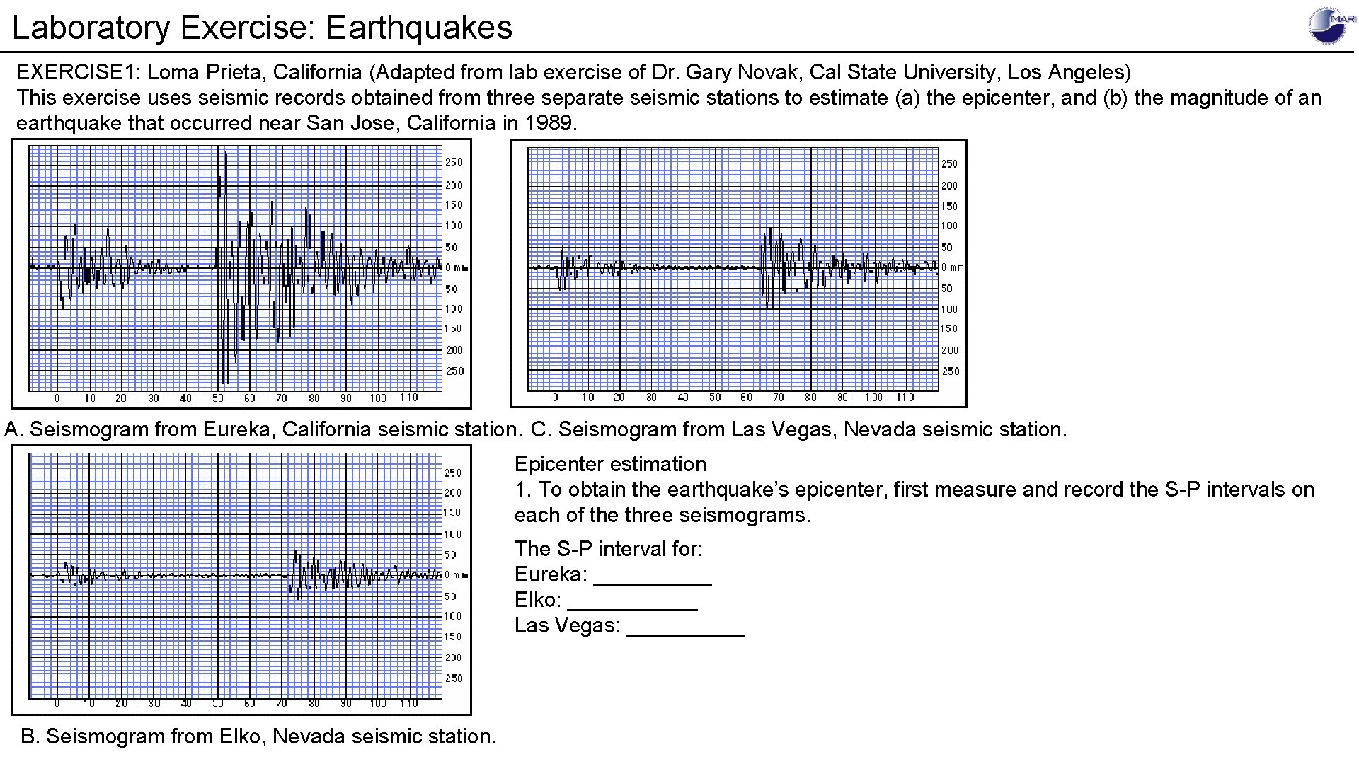 Laboratory Exercise: Earthquakes EXERCISE 1: Loma Prieta, California (Adapted from lab exercise of Dr.