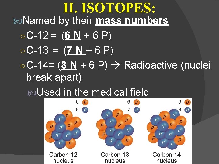 II. ISOTOPES: Named by their mass numbers ○ C-12 = (6 N + 6