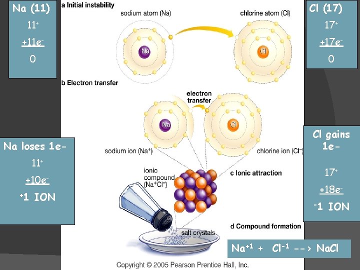 Na (11) Cl (17) 11+ 17+ +11 e- +17 e- 0 0 Na loses