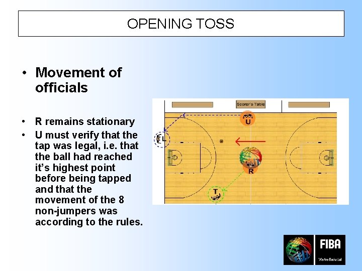 OPENING TOSS • Movement of officials • R remains stationary • U must verify